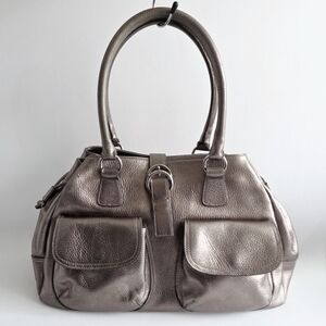 Furla Large Metallic Leather Satchel With Double Rolled Handles, Made In Italy